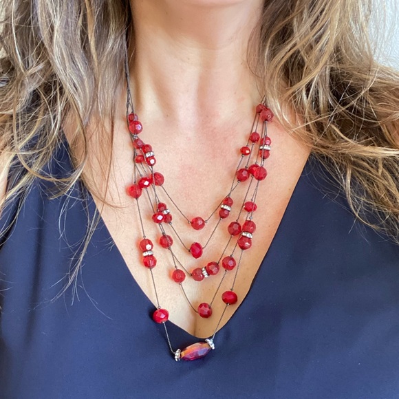 Multi Strand Red Beaded Cascading Levels Necklace. - Picture 2 of 5